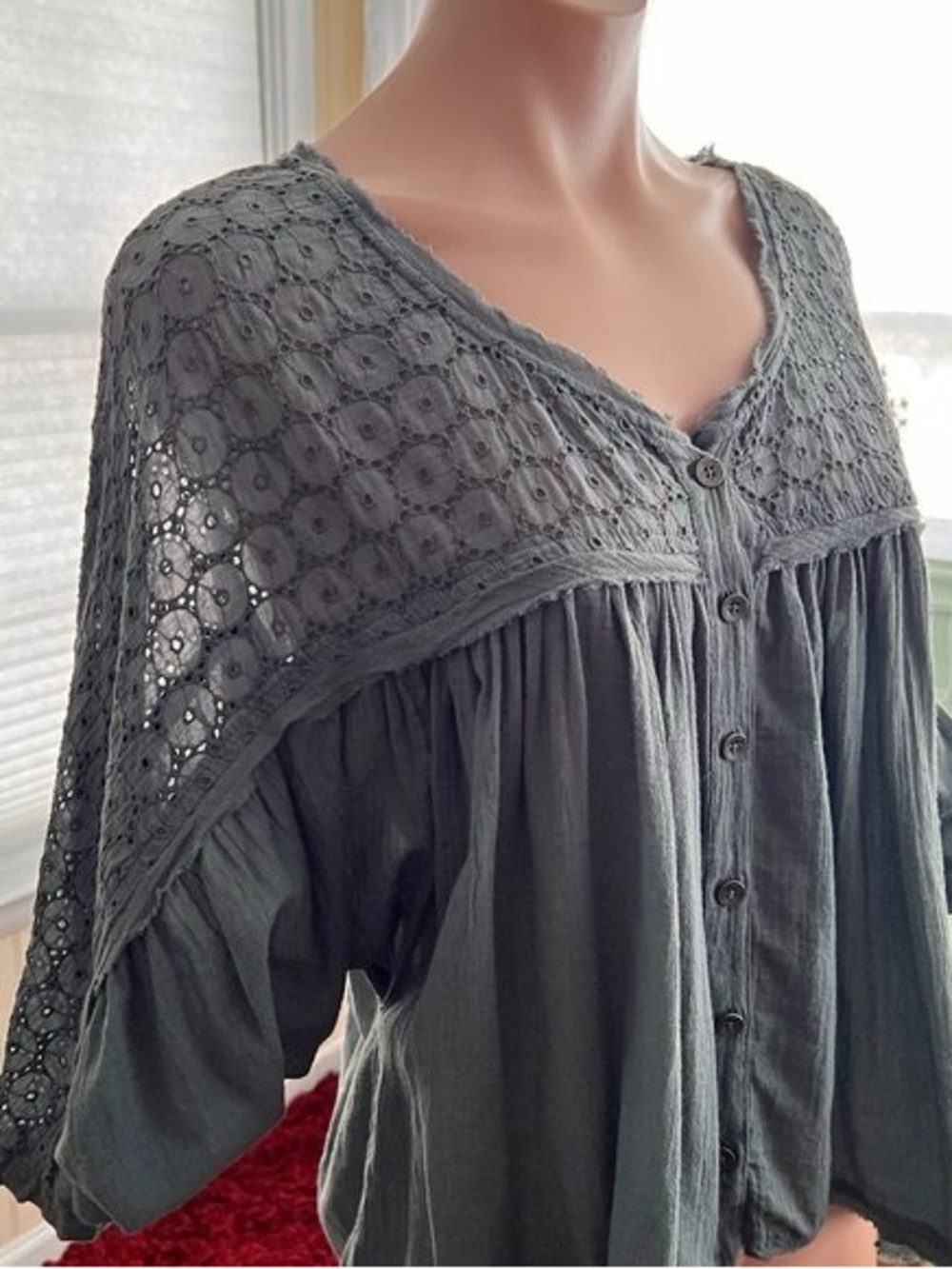 Light grey eyelet Yoke Button-Down Top